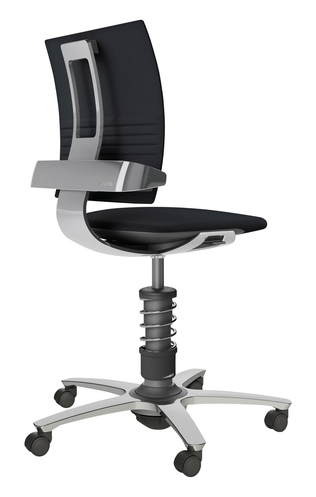 Moderner Drehstuhl in seitlicher Ansicht mit schwarzer Rückenlehne und Sitzfläche, silbernem Gestell und Rollen.