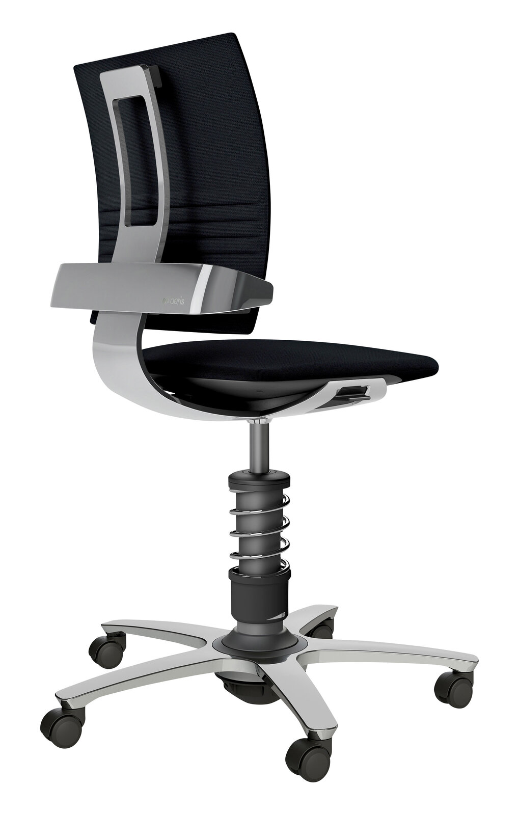 Aeris Drehstuhl 3DEE Moderner Drehstuhl in seitlicher Ansicht mit schwarzer Rückenlehne und Sitzfläche, silbernem Gestell und Rollen.