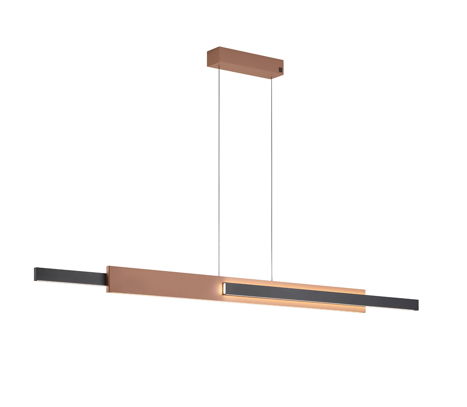 Moderne Pendelleuchte in Kupfer und Schwarz, seitliche Perspektive