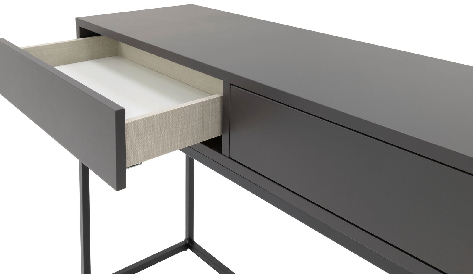 Moderne Konsole mit offenem Schubfach, seitliche Perspektive
