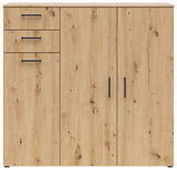 Kommode aus hellem Holz mit drei Schubladen und zwei Türen, frontal betrachtet