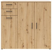 Kommode aus hellem Holz mit drei Schubladen und zwei Türen, frontal betrachtet