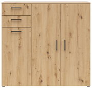 Kommode aus hellem Holz mit drei Schubladen und zwei Türen, frontal betrachtet