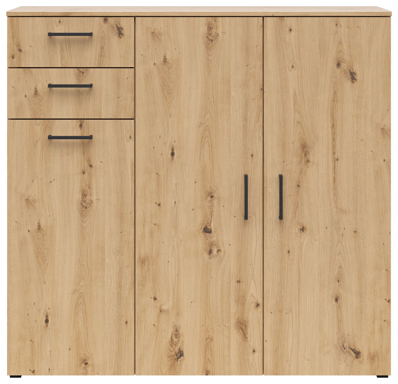 Kommode aus hellem Holz mit drei Schubladen und zwei Türen, frontal betrachtet