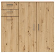 Kommode aus hellem Holz mit drei Schubladen und zwei Türen, frontal betrachtet