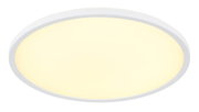 Ovales LED-Deckenpanel mit weißem Rahmen und warmweiß leuchtender Fläche, Ansicht von vorne/leicht von oben auf weißem Hintergrund