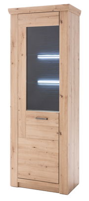 Vitrine aus hellem Holz mit Glastür und integrierter Beleuchtung, seitliche Perspektive