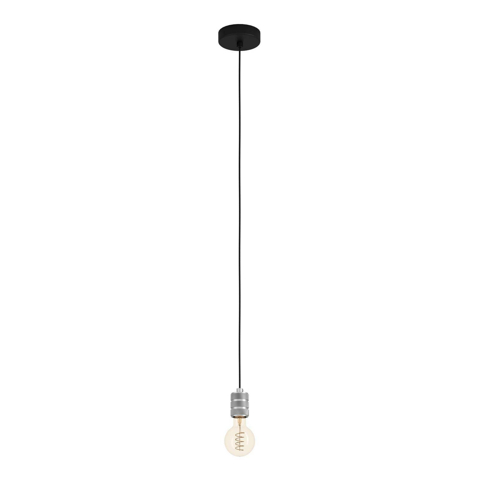 Minimalistische Pendelleuchte YORTH mit schwarzem Kabel und sichtbarer Glühbirne, seitliche Perspektive