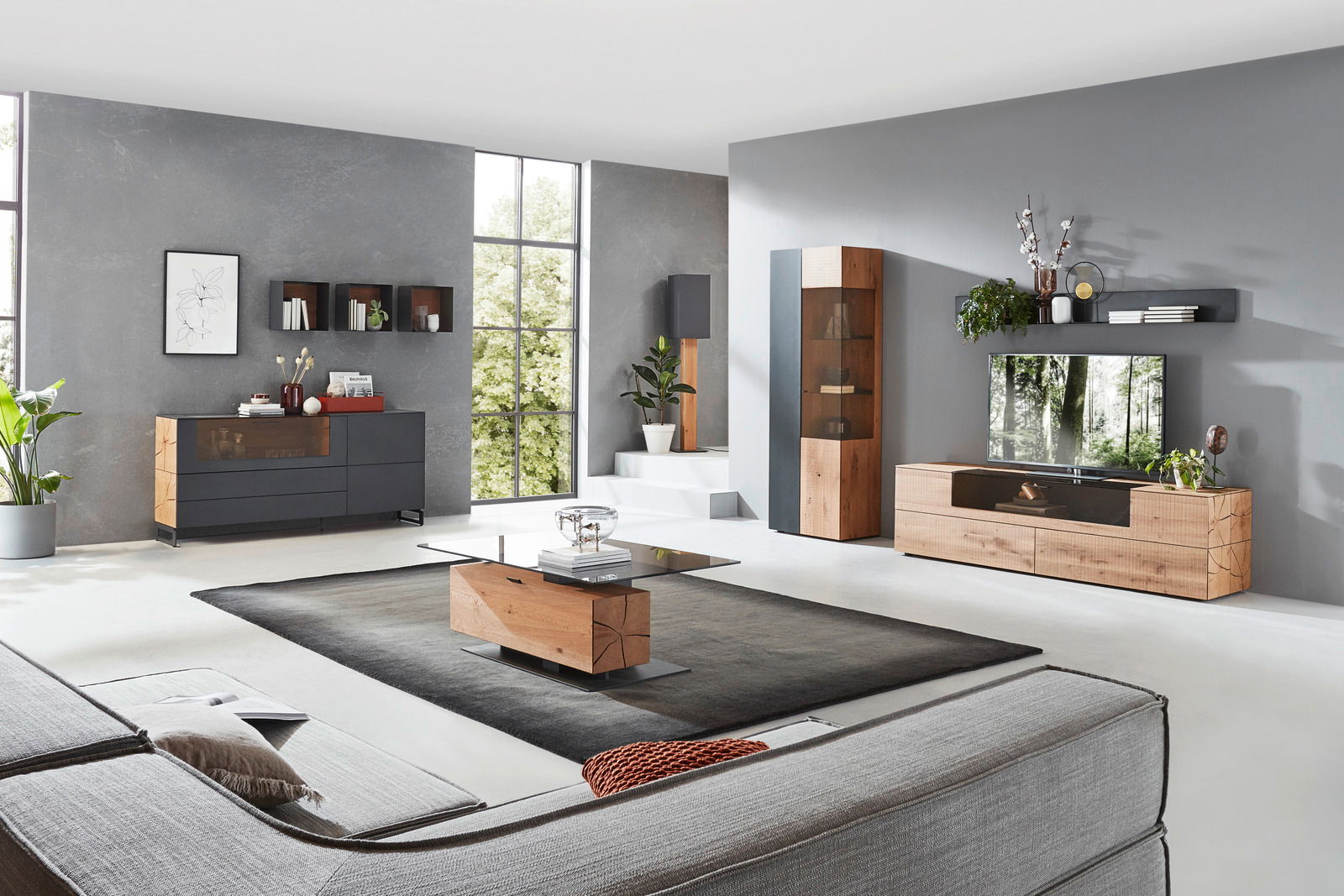 Moderne Wohnzimmerkombination mit Holz- und Glaselementen, bestehend aus Sideboard, Vitrine und TV-Board, in einem hellen Raum mit großen Fenstern, seitliche Perspektive.