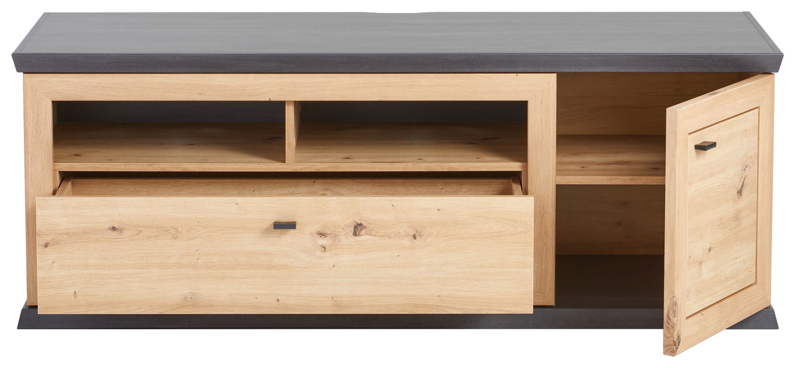 TV-Lowboard aus Holz mit offenem Schubfach und geöffneter Tür, Frontalansicht