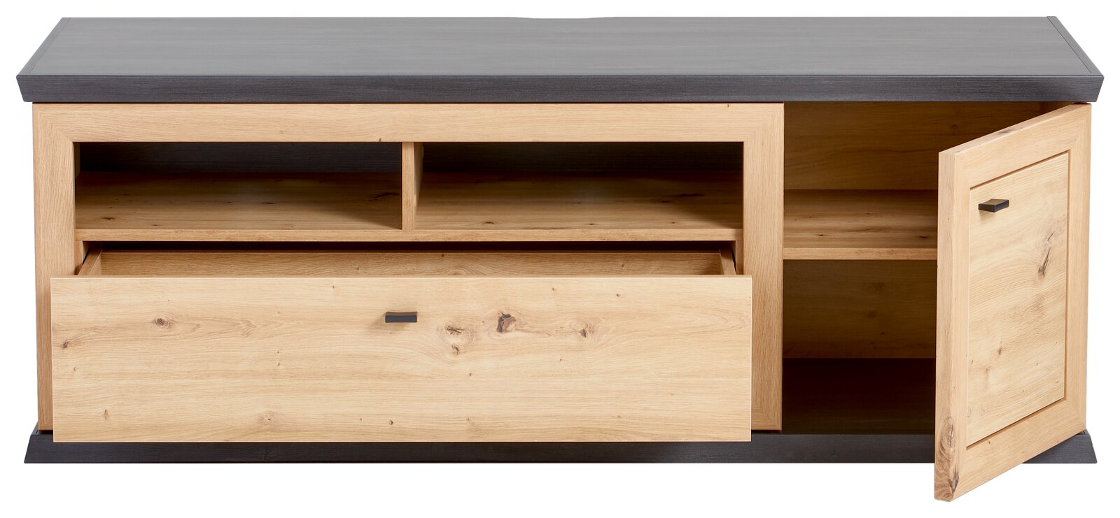 TV-Lowboard aus Holz mit offenem Schubfach und geöffneter Tür, Frontalansicht