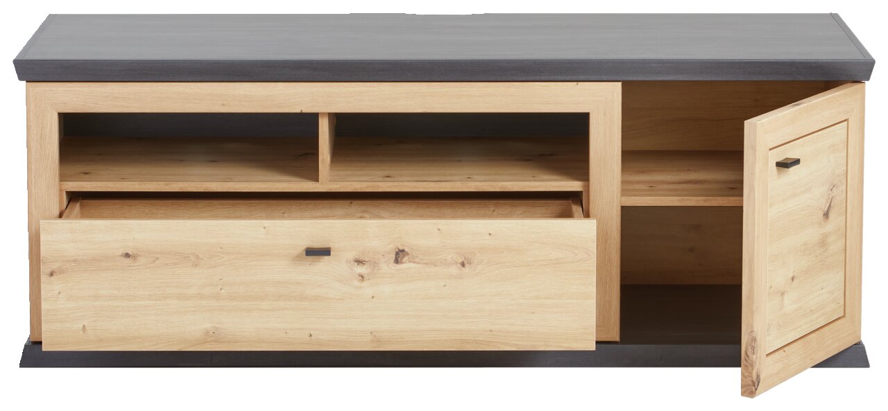 TV-Lowboard aus Holz mit offenem Schubfach und geöffneter Tür, Frontalansicht
