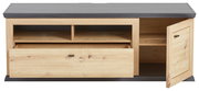 TV-Lowboard aus Holz mit offenem Schubfach und geöffneter Tür, Frontalansicht