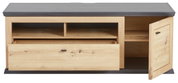 TV-Lowboard aus Holz mit offenem Schubfach und geöffneter Tür, Frontalansicht