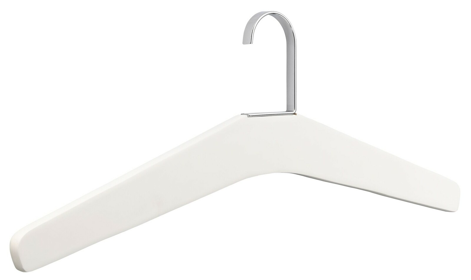 Weißer Garderobenbügel mit Metallhaken, seitliche Perspektive
