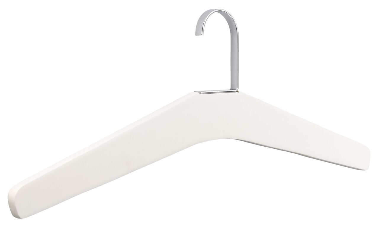 Weißer Garderobenbügel mit Metallhaken, seitliche Perspektive