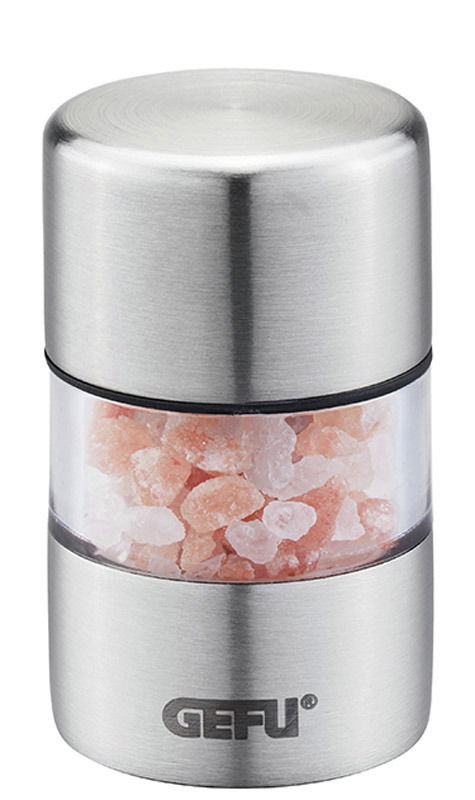 GEFU Mini-Gewürzmühle PICCO Mini-Gewürzmühle PICCO aus Edelstahl mit transparentem Mittelteil, gefüllt mit rosa Kristallsalz, in Frontalansicht.
