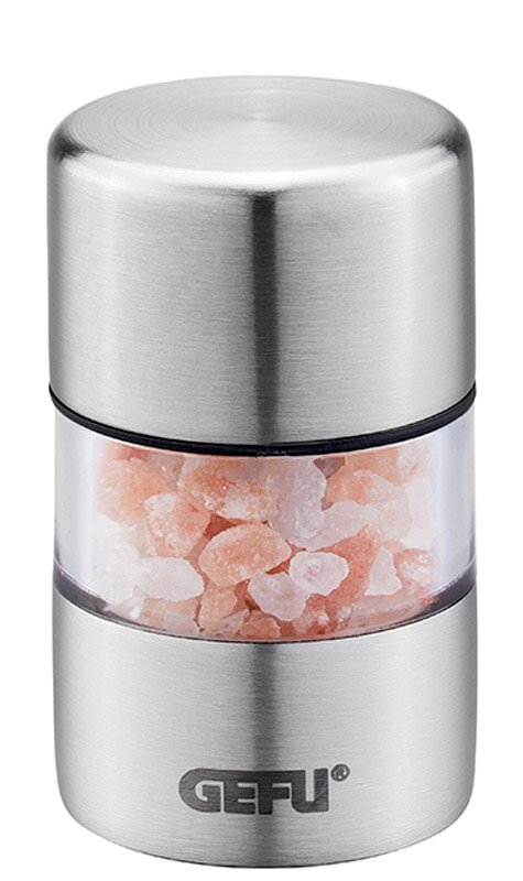 Mini-Gewürzmühle PICCO aus Edelstahl mit transparentem Mittelteil, gefüllt mit rosa Kristallsalz, in Frontalansicht.