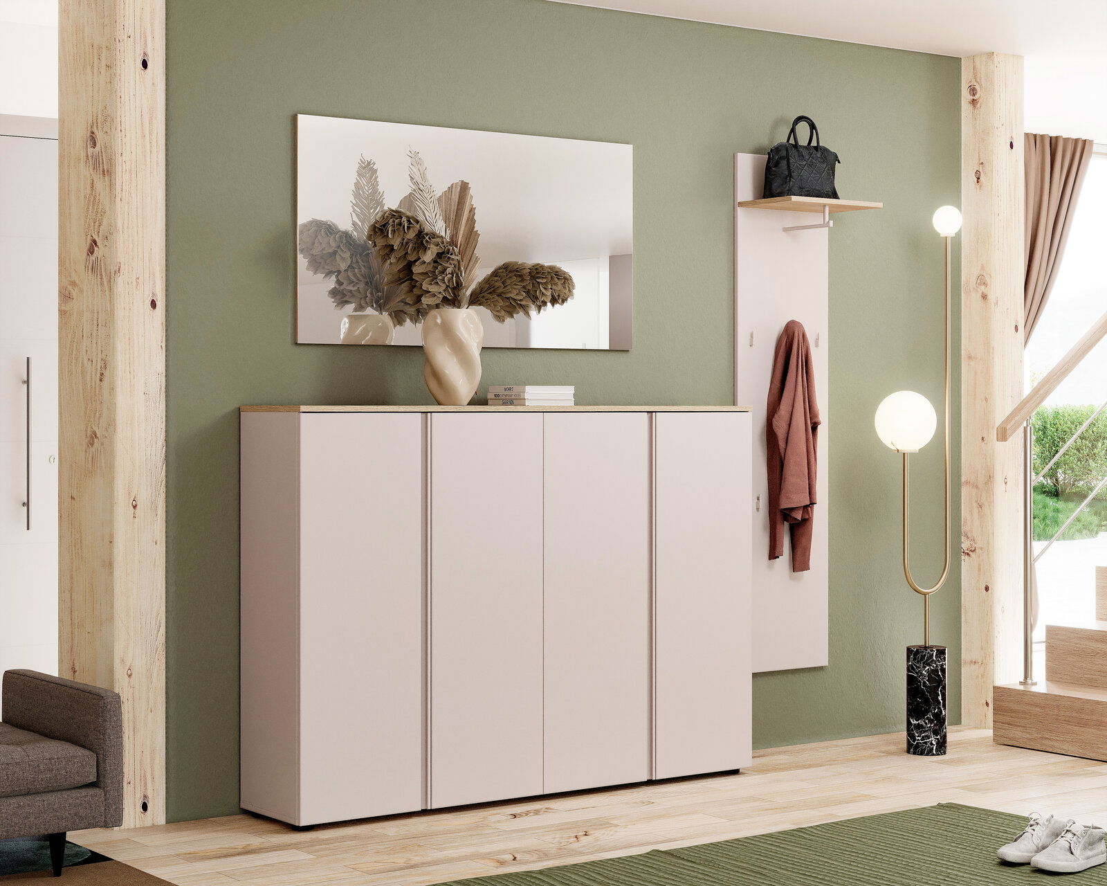 Voleo XXL-Schuhschrank Moderner XXL-Schuhschrank in einem stilvollen Flur, frontal betrachtet, mit einem großen Spiegel und dekorativer Vase darauf.