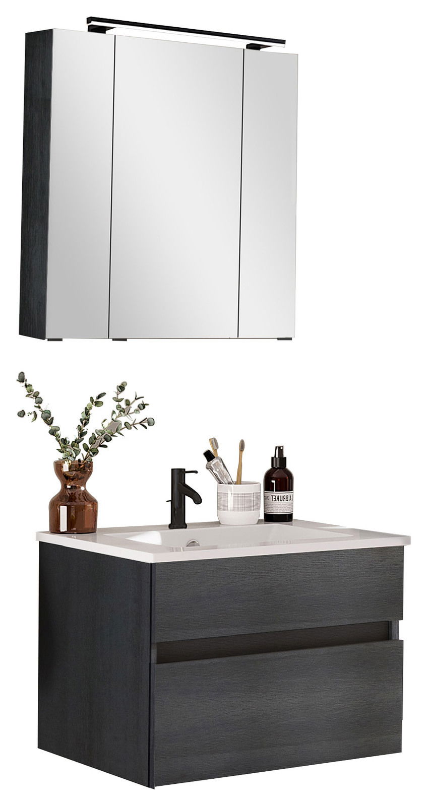 Novel Badblock NV.210 Moderner Badblock mit Spiegelschrank und Waschbeckenunterschrank in dunklem Holzdesign, frontal abgebildet.