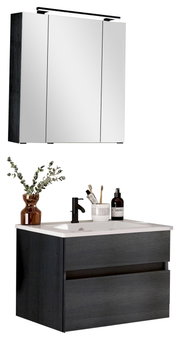 Modern badkamermeubel met spiegelkast en wastafelonderkast in donker houtdesign, afgebeeld in vooraanzicht.
