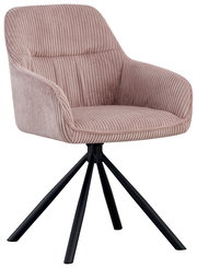 Rosa Armlehnstuhl mit geripptem Stoffbezug und schwarzem Metallgestell, seitliche Perspektive