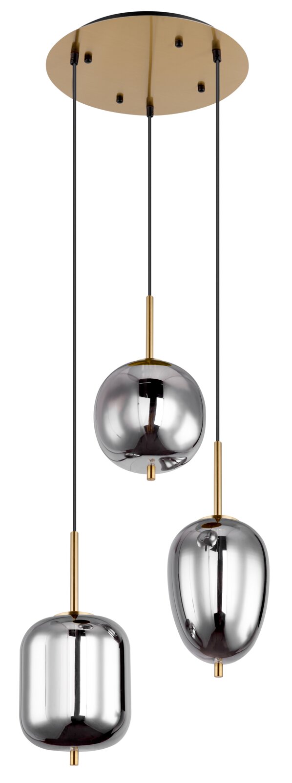 Globo Lighting Hängeleuchte BLACKY I Moderne Hängeleuchte mit drei verchromten Glaskugeln, von unten betrachtet.