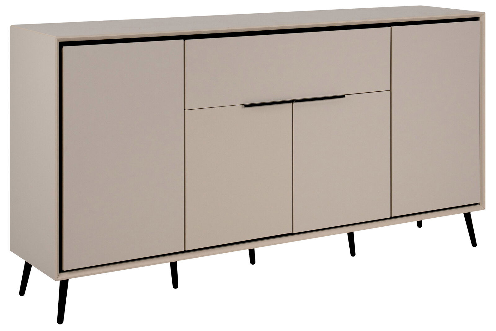 Modernes Sideboard in Beige mit schwarzen Beinen, seitliche Perspektive