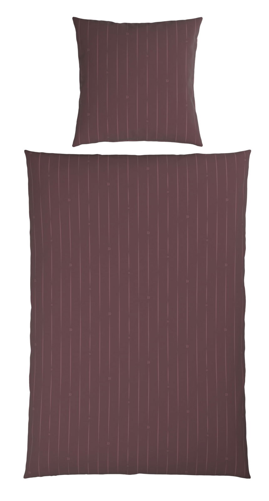 Wendebettwäsche-Set in Dunkelrot mit feinen vertikalen Streifen, bestehend aus einem Kissenbezug und einem Bettdeckenbezug, aus der Vogelperspektive.