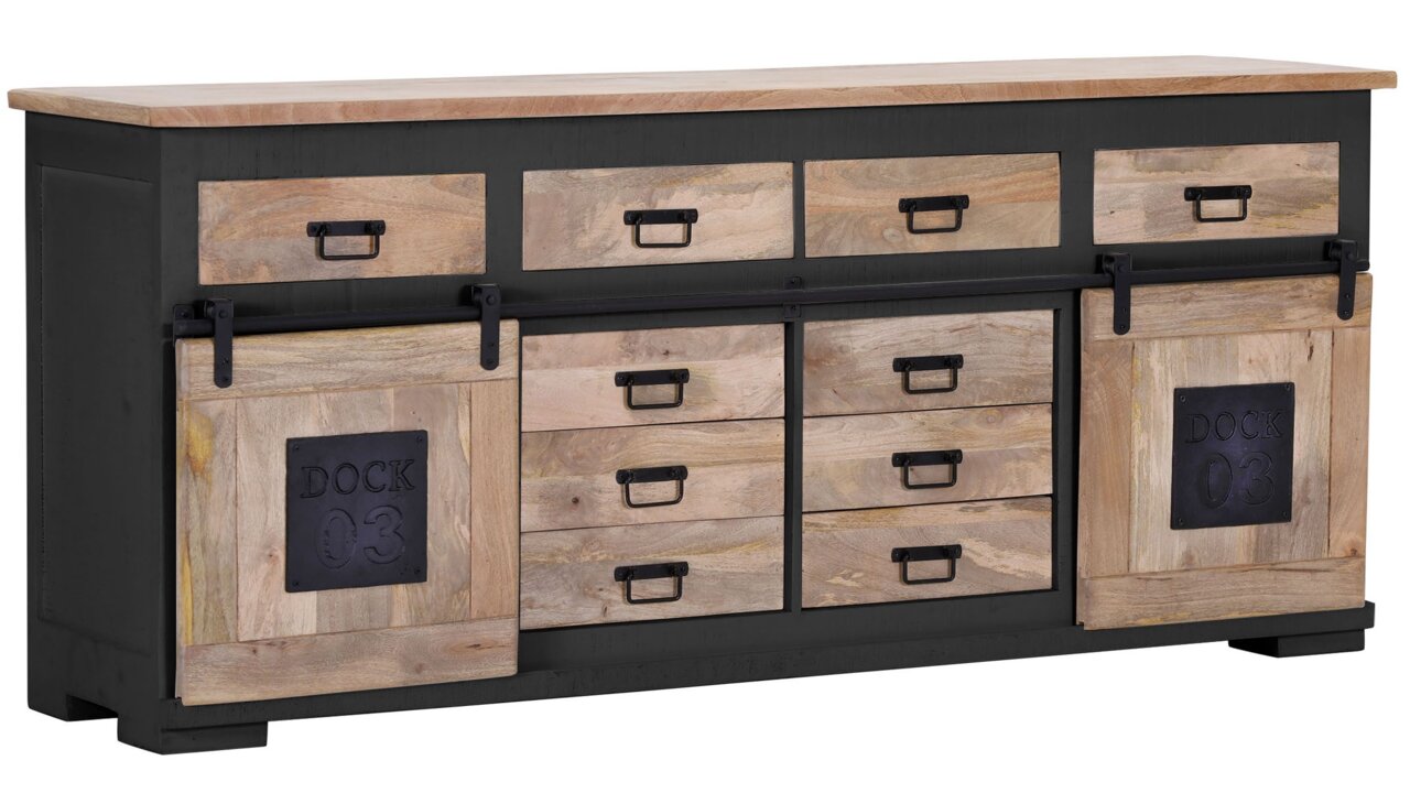 Landscape Sideboard DOCK 03 AN Rustikales Sideboard aus Holz mit Schubladen und Schiebetüren, seitliche Perspektive