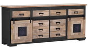 Rustiek houten dressoir met lades en schuifdeuren, zijaanzicht