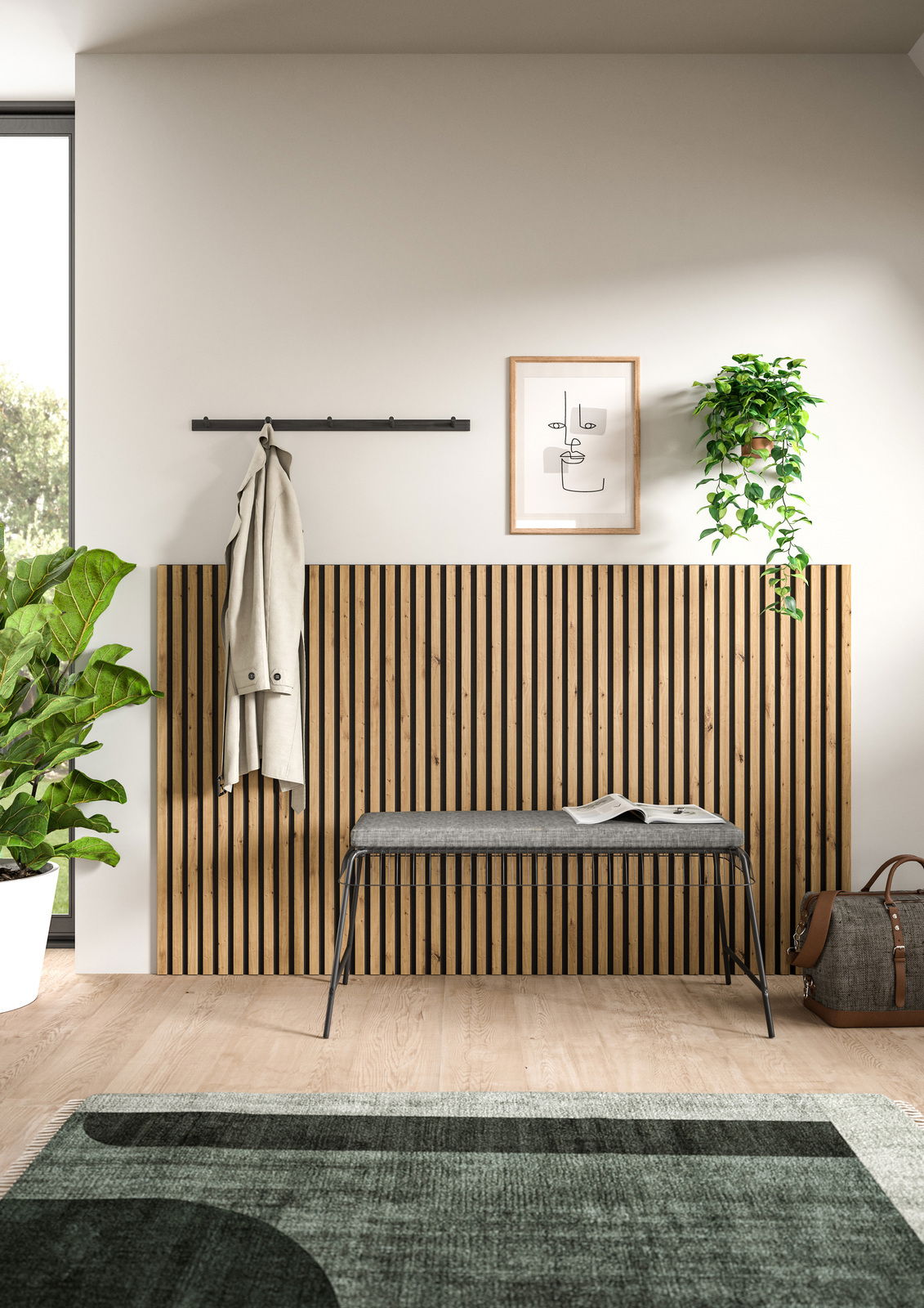 Akustikpaneel in einem modernen Raum, frontal betrachtet, mit Pflanzen, einer Bank und einem Mantel an der Wand.