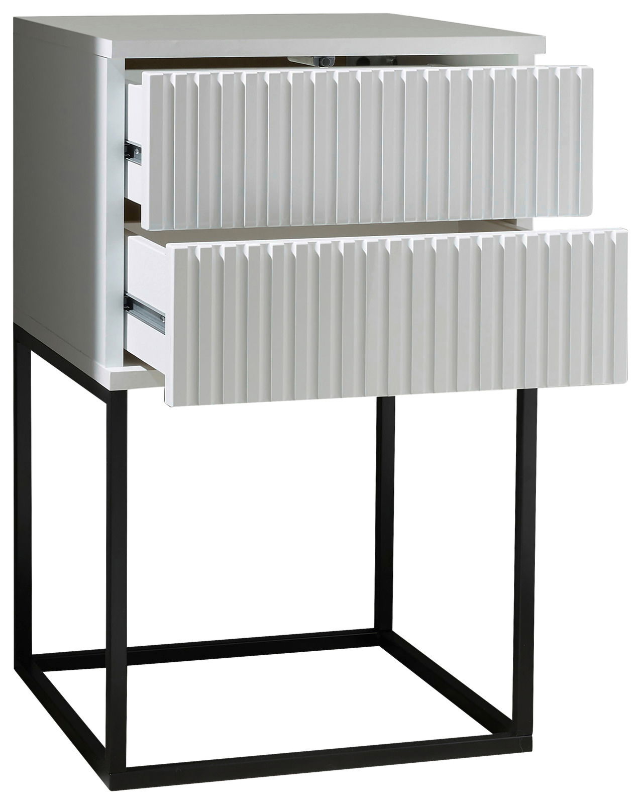 Moderne Nachtkommode mit zwei Schubladen, geriffelter Front und schwarzem Metallgestell, seitliche Perspektive
