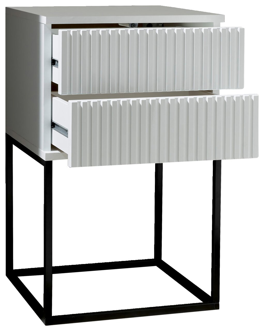 Moderne Nachtkommode mit zwei Schubladen, geriffelter Front und schwarzem Metallgestell, seitliche Perspektive