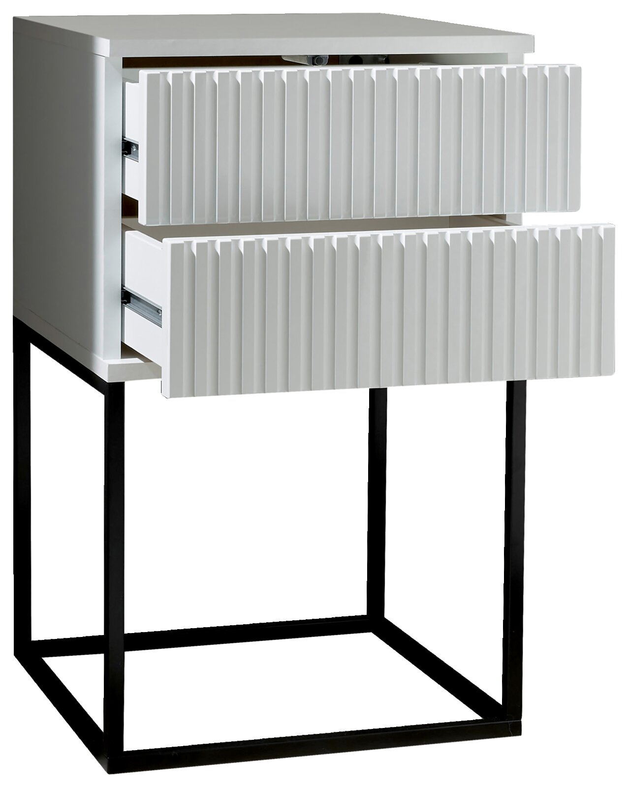 Moderne Nachtkommode mit zwei Schubladen, geriffelter Front und schwarzem Metallgestell, seitliche Perspektive