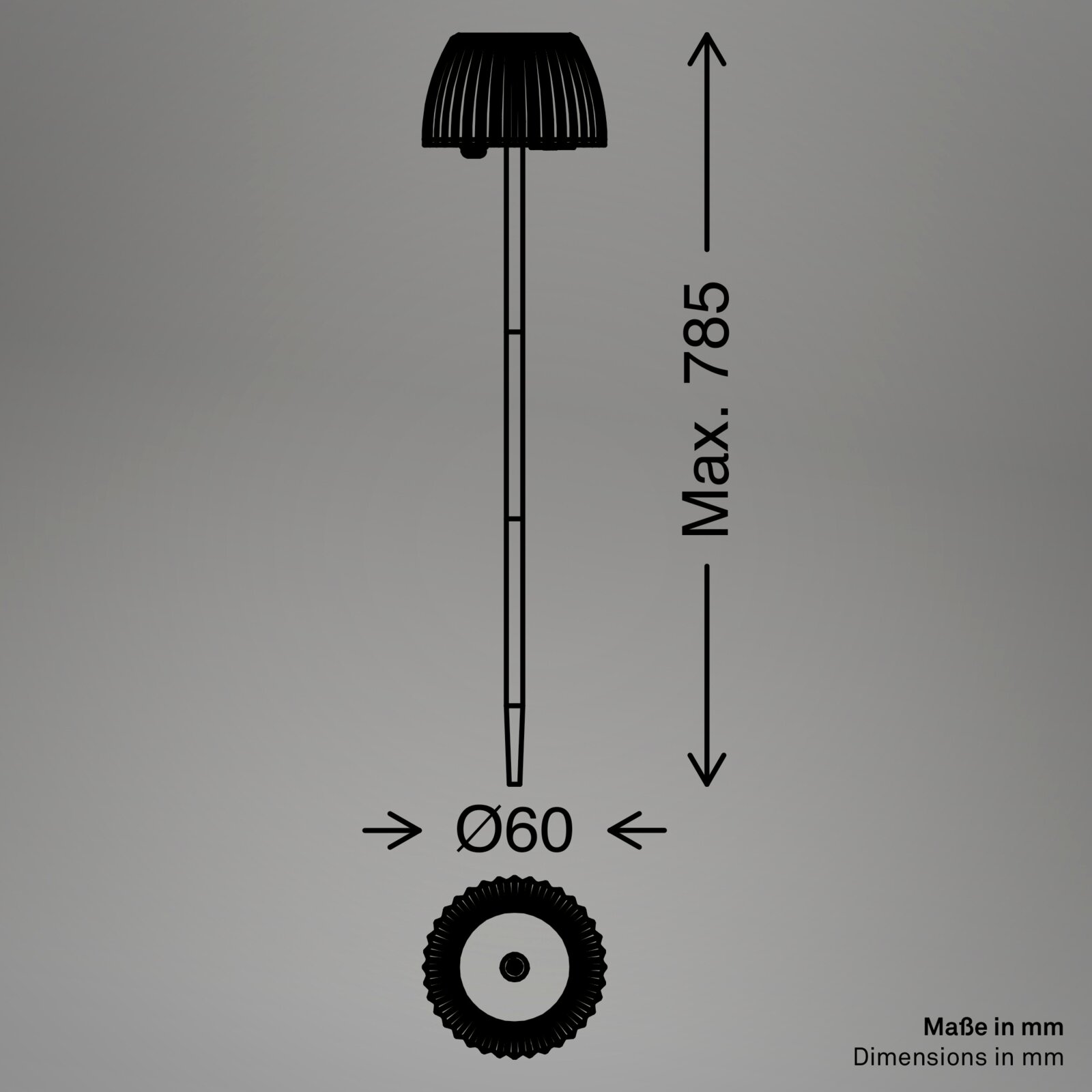 Technische Maßzeichnung einer schwarzen Erdspieß-Leuchte/Gartenleuchte mit geriffeltem Lampenkopf, Seitenansicht; Höhe max. 785 mm, Durchmesser 60 mm (Maße in mm).