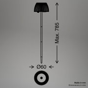Technische Maßzeichnung einer schwarzen Erdspieß-Leuchte/Gartenleuchte mit geriffeltem Lampenkopf, Seitenansicht; Höhe max. 785 mm, Durchmesser 60 mm (Maße in mm).