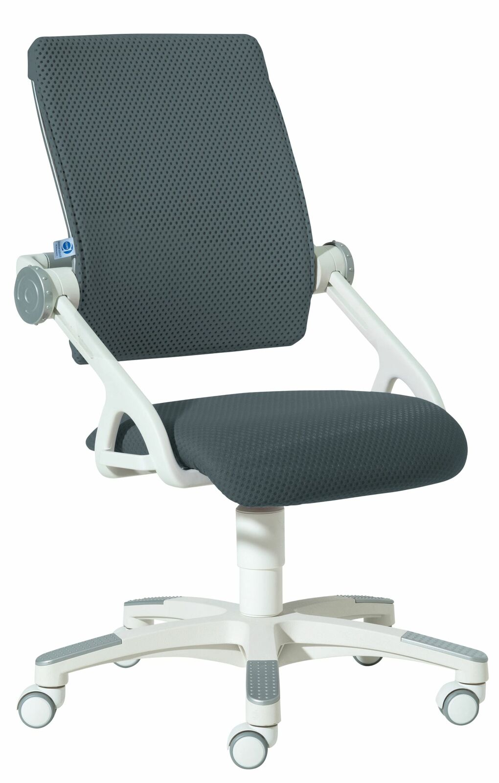 Moderner Drehstuhl mit grauem Netzbezug und weißem Gestell, seitliche Perspektive