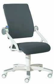 Moderner Drehstuhl mit grauem Netzbezug und weißem Gestell, seitliche Perspektive