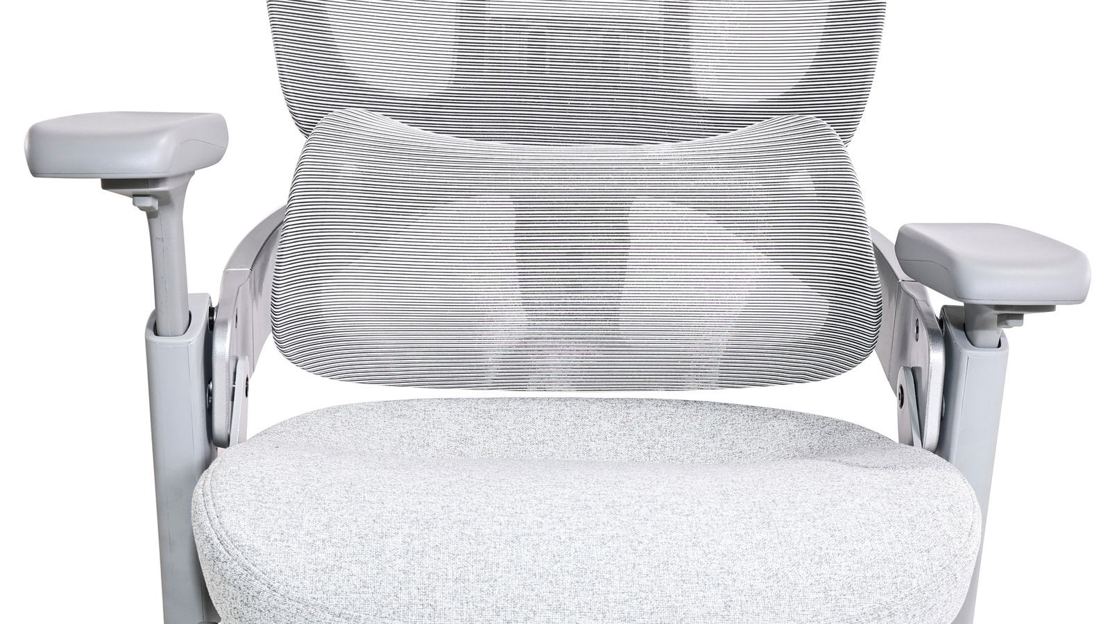 Moderner Drehstuhl mit gepolstertem Sitz und Netzrückenlehne, Vorderansicht