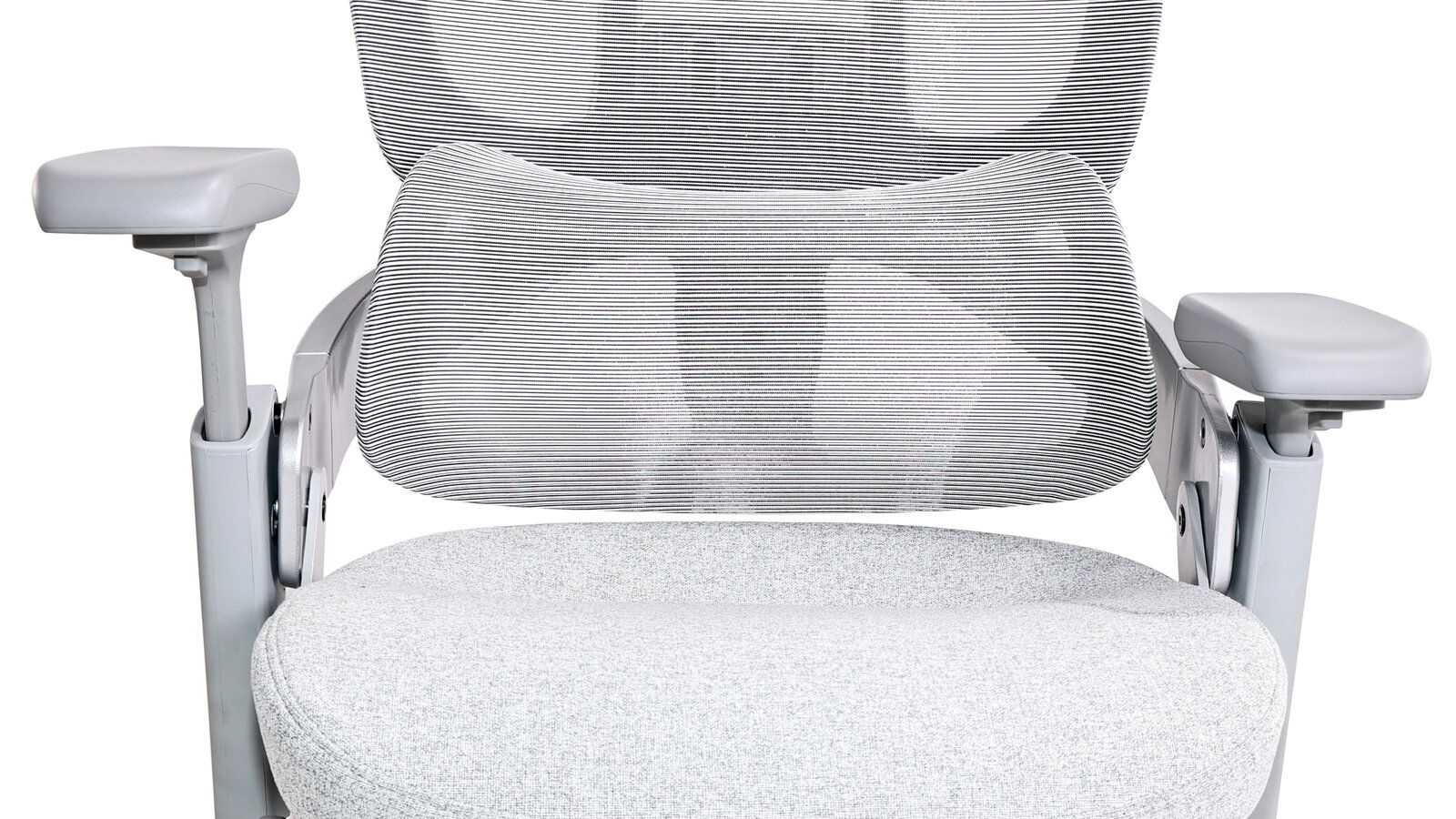 Moderner Drehstuhl mit gepolstertem Sitz und Netzrückenlehne, Vorderansicht