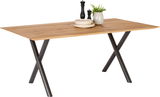 Moderner Esstisch mit Holzplatte und gekreuzten Metallbeinen, seitliche Perspektive
