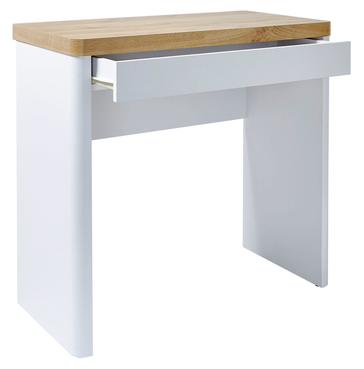 Moderner Schreibtisch mit weißem Korpus und Holzplatte, seitliche Perspektive