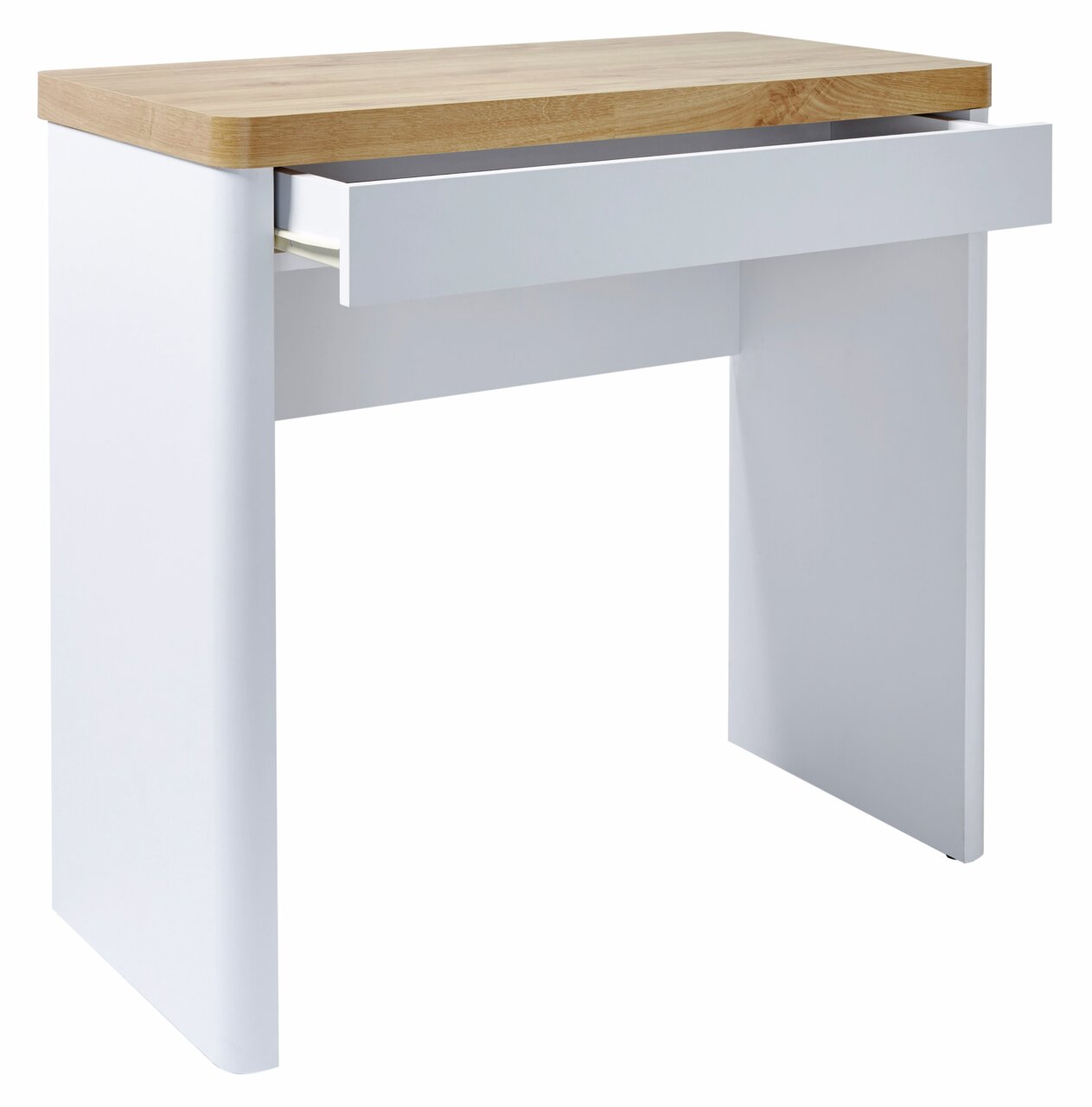 Moderner Schreibtisch mit weißem Korpus und Holzplatte, seitliche Perspektive