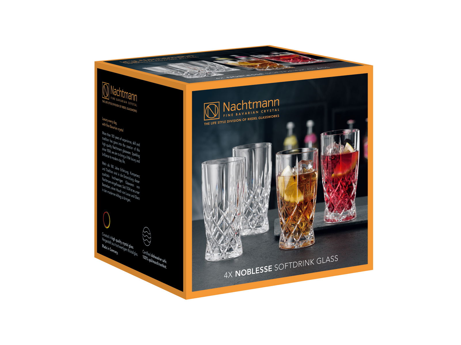Verpackung des 4er-Sets Noblesse Softdrinkgläser von Nachtmann, mit elegantem Kristalldesign, seitliche Perspektive.