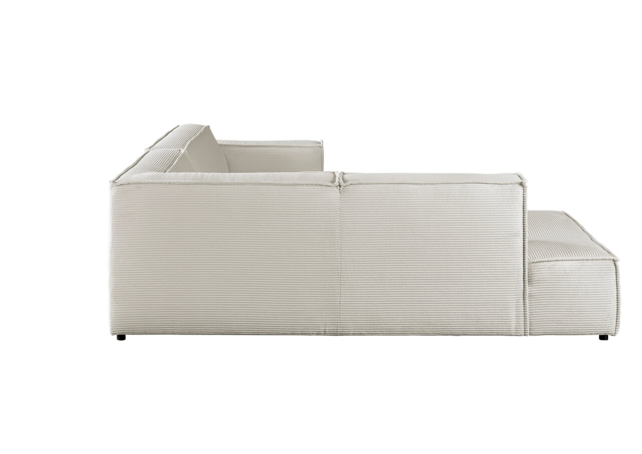 Seitenansicht einer hellen Eckkombination mit geripptem Stoffbezug.