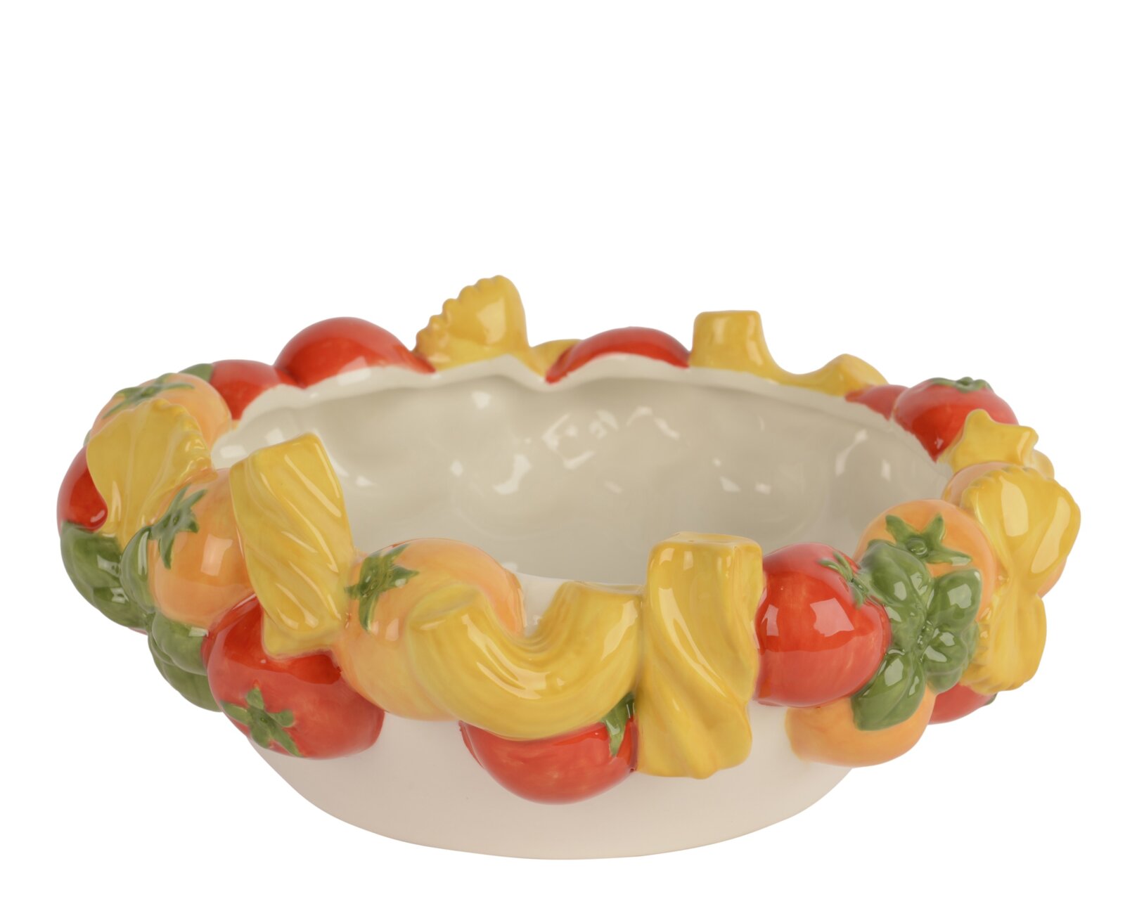 Decoris Schale Bunte Keramikschale mit umlaufendem Obst- und Blätterrelief in Rot, Gelb und Grün, freigestellt auf Weiß, aus leicht erhöhter Frontperspektive (Draufsicht schräg).