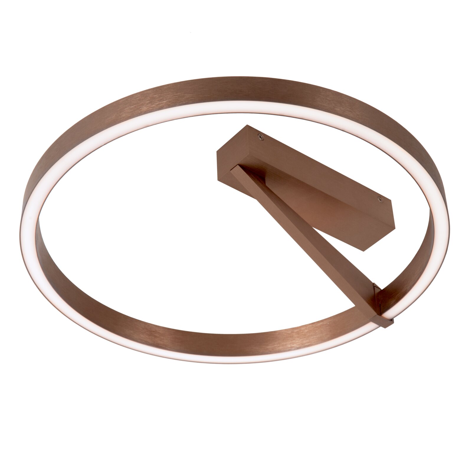 Runde LED-Deckenleuchte in Bronze-/Kupferoptik mit umlaufendem Lichtband, schräge Unteransicht (von unten) auf weißem Hintergrund