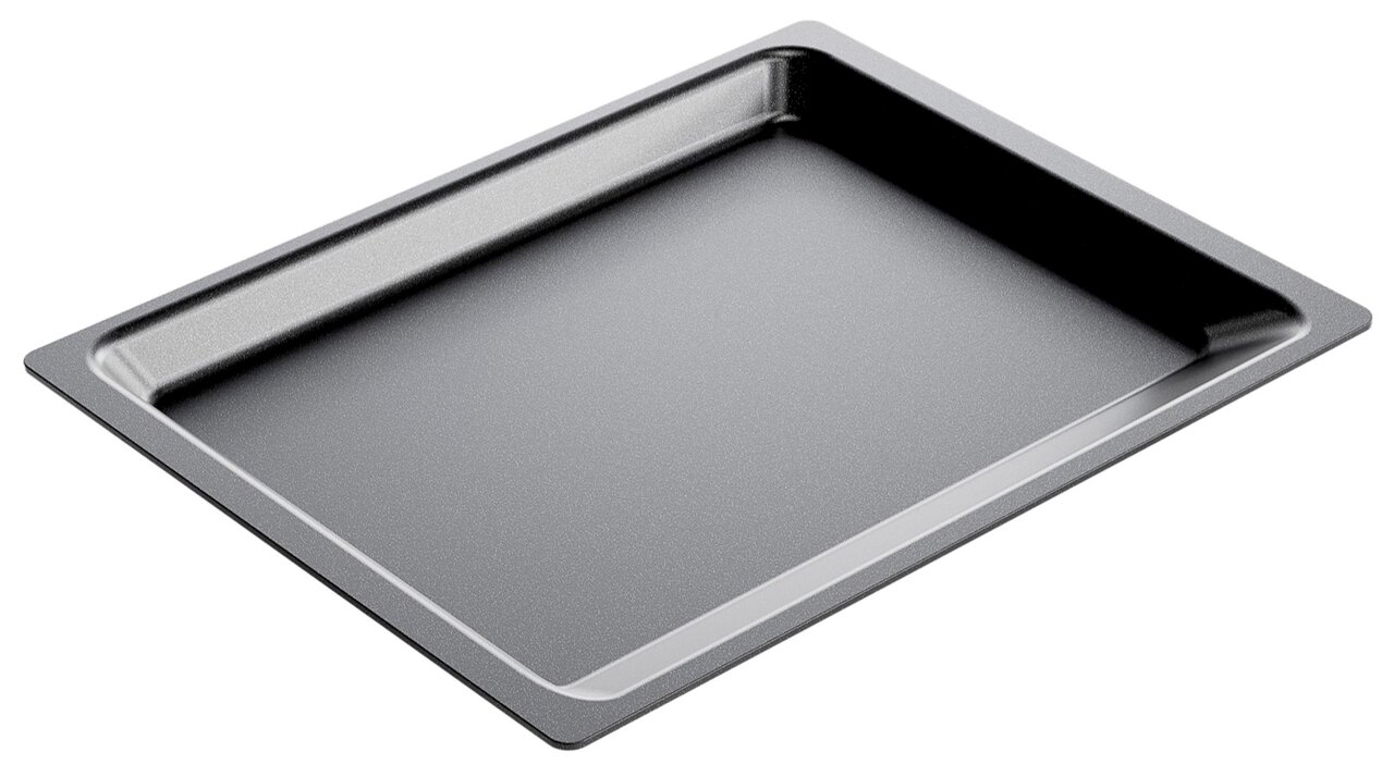 Backofenplatte in schräger Perspektive, 465 x 370 x 30 mm, aus Metall, ideal für gleichmäßiges Backen.