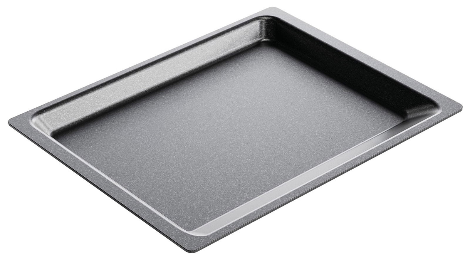 Backofenplatte in schräger Perspektive, 465 x 370 x 30 mm, aus Metall, ideal für gleichmäßiges Backen.